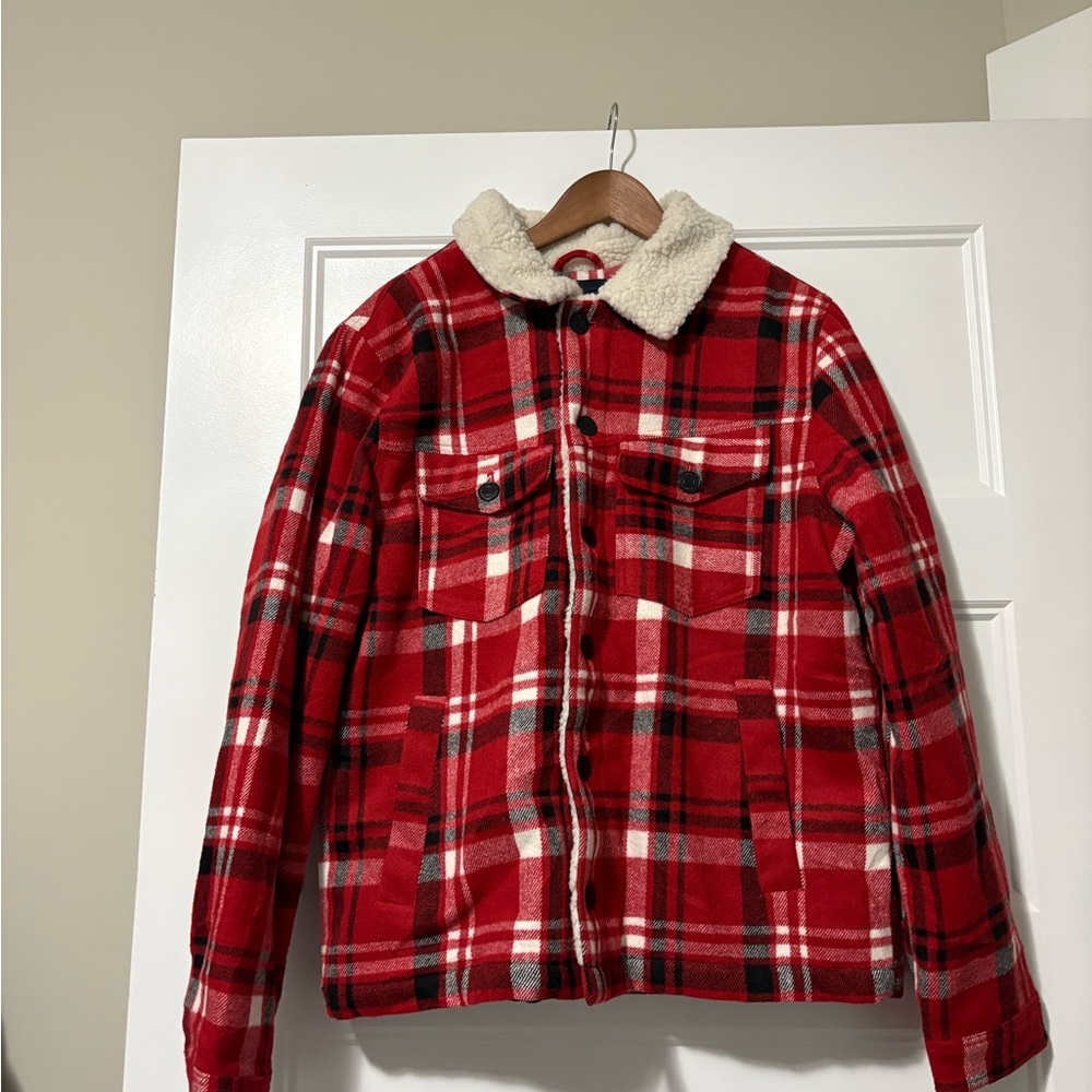 Lucky Brand Red Plaid Button Up Sherpa Fleece Lined Shirt Jacket Medium
